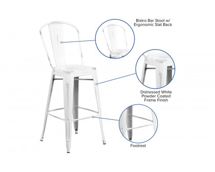 BLNK™ Cindy Commercial Metal Distressed Indoor-Outdoor Bar Stool with Back - White