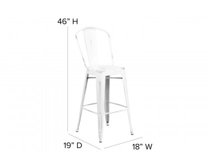 BLNK™ Cindy Commercial Metal Distressed Indoor-Outdoor Bar Stool with Back - White