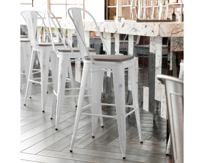 BLNK Carly Commercial Metal Indoor-Outdoor Bar Stool with Back with Poly Resin Wood Seat