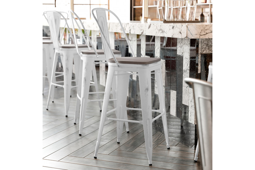 BLNK™ Carly Commercial Metal Indoor-Outdoor Bar Stool with Back with Poly Resin Wood Seat - White/Gray