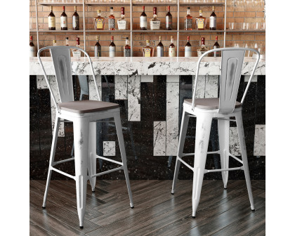 BLNK™ Carly Commercial Metal Indoor-Outdoor Bar Stool with Back with Poly Resin Wood Seat - White/Gray