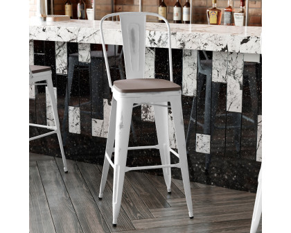 BLNK™ Carly Commercial Metal Indoor-Outdoor Bar Stool with Back with Poly Resin Wood Seat - White/Gray