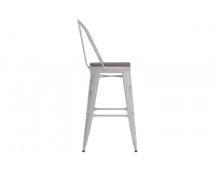 BLNK™ Carly Commercial Metal Indoor-Outdoor Bar Stool with Back with Poly Resin Wood Seat - White/Gray