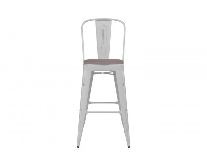 BLNK™ Carly Commercial Metal Indoor-Outdoor Bar Stool with Back with Poly Resin Wood Seat - White/Gray