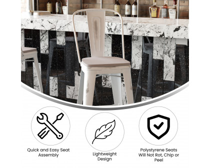 BLNK™ Carly Commercial Metal Indoor-Outdoor Bar Stool with Back with Poly Resin Wood Seat - White/Gray