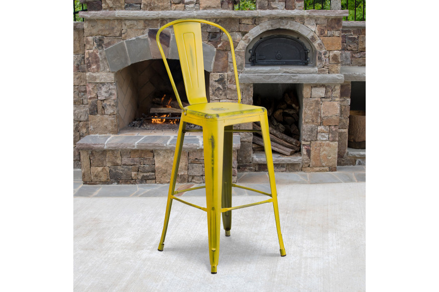 BLNK™ Cindy Commercial Metal Distressed Indoor-Outdoor Bar Stool with Back - Yellow