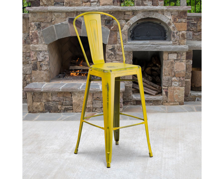 BLNK Cindy Commercial Metal Distressed Indoor-Outdoor Bar Stool with Back - Yellow