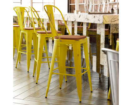 BLNK Carly Commercial Metal Indoor-Outdoor Bar Stool with Back with Poly Resin Wood Seat