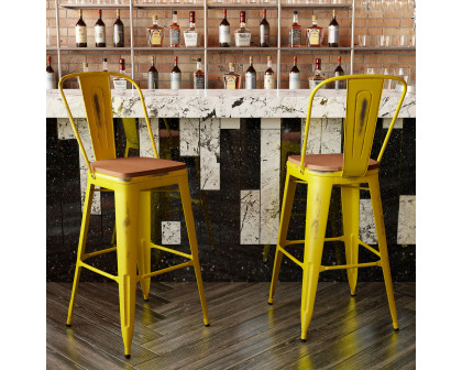 BLNK Carly Commercial Metal Indoor-Outdoor Bar Stool with Back with Poly Resin Wood Seat - Yellow/Teak