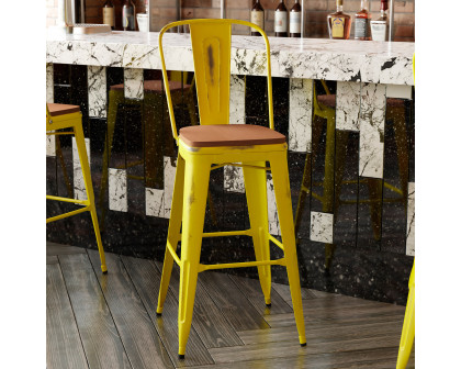 BLNK Carly Commercial Metal Indoor-Outdoor Bar Stool with Back with Poly Resin Wood Seat - Yellow/Teak