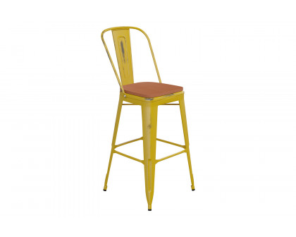 BLNK Carly Commercial Metal Indoor-Outdoor Bar Stool with Back with Poly Resin Wood Seat - Yellow/Teak