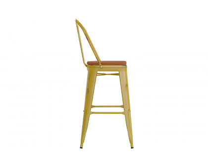 BLNK Carly Commercial Metal Indoor-Outdoor Bar Stool with Back with Poly Resin Wood Seat - Yellow/Teak