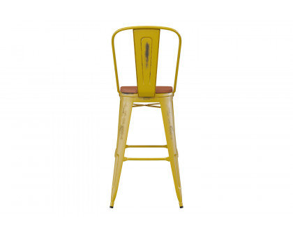 BLNK Carly Commercial Metal Indoor-Outdoor Bar Stool with Back with Poly Resin Wood Seat - Yellow/Teak