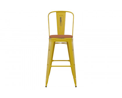 BLNK Carly Commercial Metal Indoor-Outdoor Bar Stool with Back with Poly Resin Wood Seat - Yellow/Teak