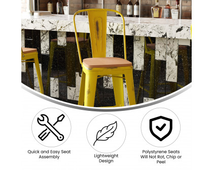 BLNK Carly Commercial Metal Indoor-Outdoor Bar Stool with Back with Poly Resin Wood Seat - Yellow/Teak