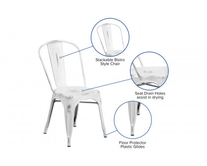 BLNK Tenley Commercial Metal Distressed Indoor-Outdoor Stackable Chair - White