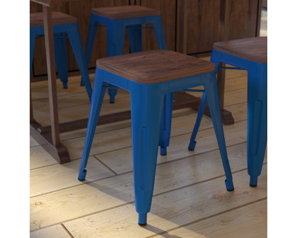 BLNK Kai Commercial Metal Backless Stackable Table Height Dining Stool with Wooden Seat Set of 4 - Royal Blue