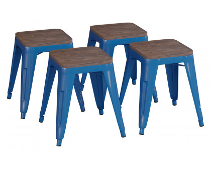 BLNK Kai Commercial Metal Backless Stackable Table Height Dining Stool with Wooden Seat Set of 4 - Royal Blue