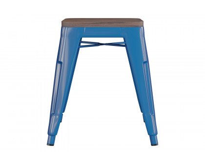 BLNK Kai Commercial Metal Backless Stackable Table Height Dining Stool with Wooden Seat Set of 4 - Royal Blue