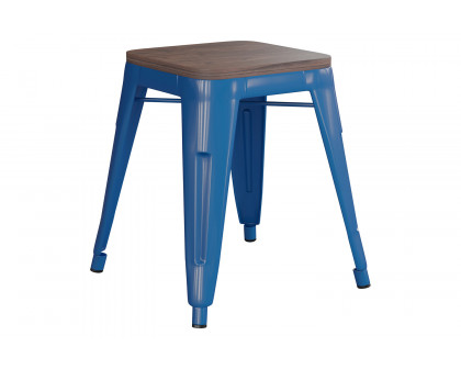 BLNK Kai Commercial Metal Backless Stackable Table Height Dining Stool with Wooden Seat Set of 4 - Royal Blue