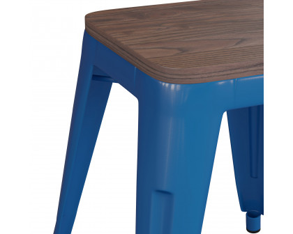 BLNK Kai Commercial Metal Backless Stackable Table Height Dining Stool with Wooden Seat Set of 4 - Royal Blue