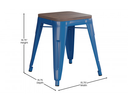 BLNK Kai Commercial Metal Backless Stackable Table Height Dining Stool with Wooden Seat Set of 4 - Royal Blue