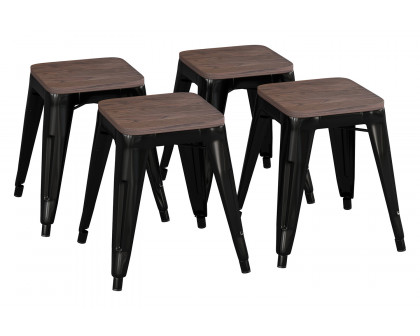 BLNK Kai Commercial Metal Backless Stackable Table Height Dining Stool with Wooden Seat Set of 4 - Black