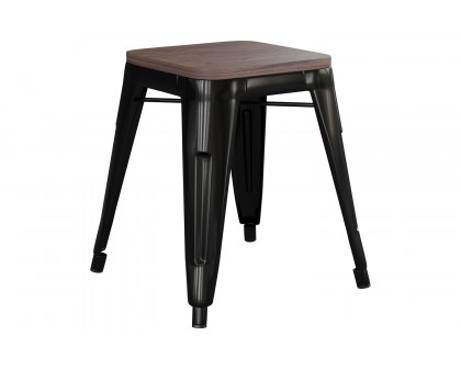 BLNK Kai Commercial Metal Backless Stackable Table Height Dining Stool with Wooden Seat Set of 4 - Black