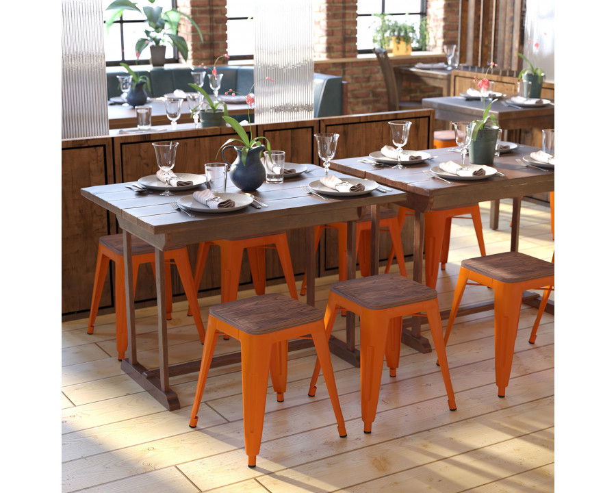 BLNK Kai Commercial Metal Backless Stackable Table Height Dining Stool with Wooden Seat Set of 4 - Orange