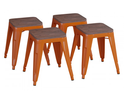 BLNK Kai Commercial Metal Backless Stackable Table Height Dining Stool with Wooden Seat Set of 4 - Orange