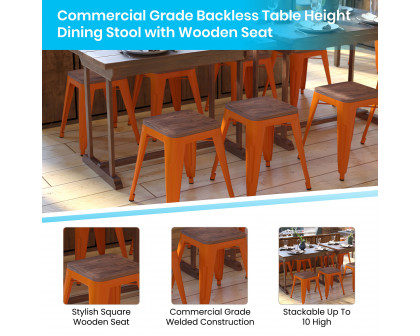 BLNK Kai Commercial Metal Backless Stackable Table Height Dining Stool with Wooden Seat Set of 4 - Orange