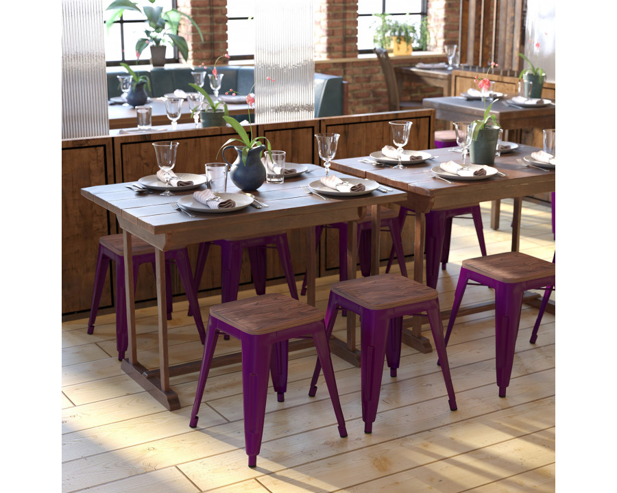 BLNK Kai Commercial Metal Backless Stackable Table Height Dining Stool with Wooden Seat Set of 4 - Purple