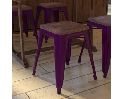 BLNK Kai Commercial Metal Backless Stackable Table Height Dining Stool with Wooden Seat Set of 4 - Purple