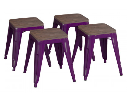 BLNK Kai Commercial Metal Backless Stackable Table Height Dining Stool with Wooden Seat Set of 4 - Purple