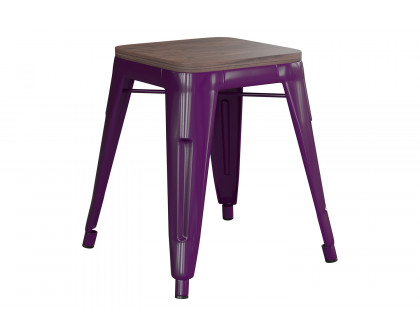 BLNK Kai Commercial Metal Backless Stackable Table Height Dining Stool with Wooden Seat Set of 4 - Purple