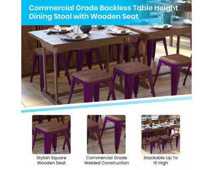 BLNK Kai Commercial Metal Backless Stackable Table Height Dining Stool with Wooden Seat Set of 4 - Purple