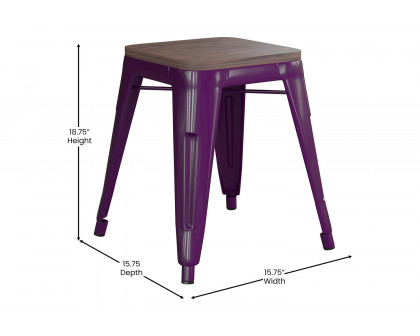 BLNK Kai Commercial Metal Backless Stackable Table Height Dining Stool with Wooden Seat Set of 4 - Purple