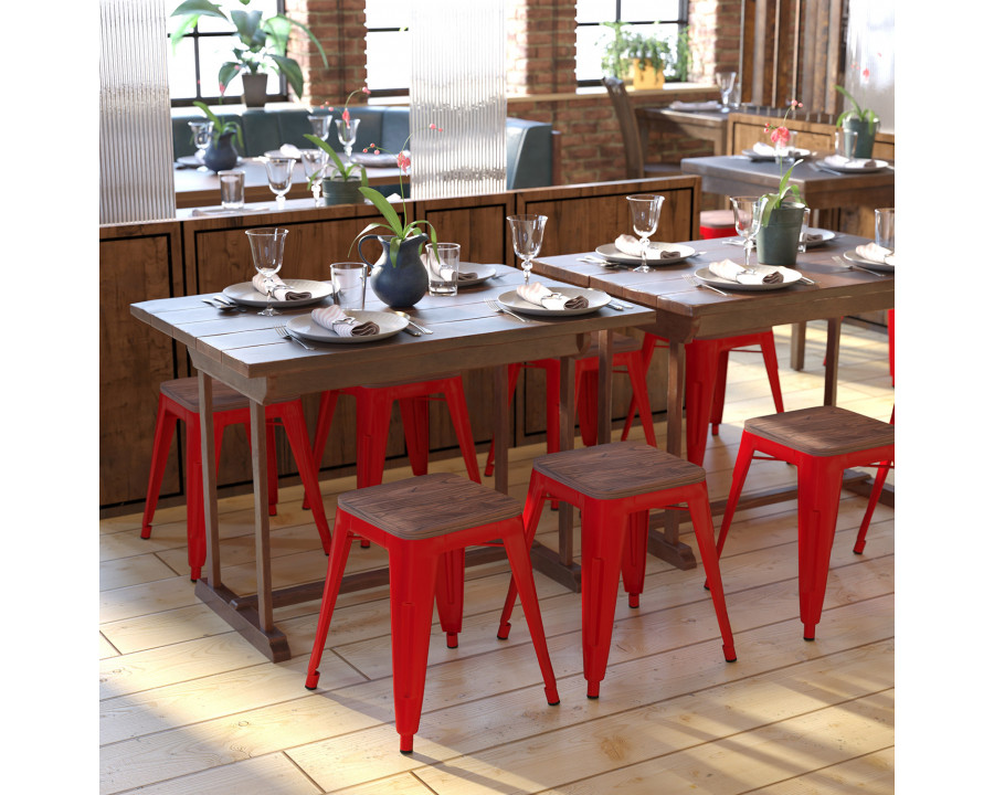 BLNK Kai Commercial Metal Backless Stackable Table Height Dining Stool with Wooden Seat Set of 4 - Red