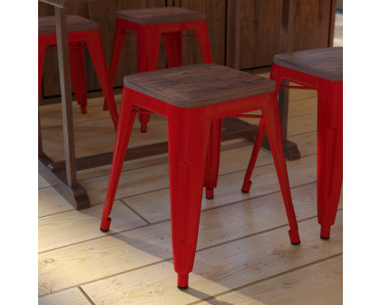 BLNK Kai Commercial Metal Backless Stackable Table Height Dining Stool with Wooden Seat Set of 4 - Red