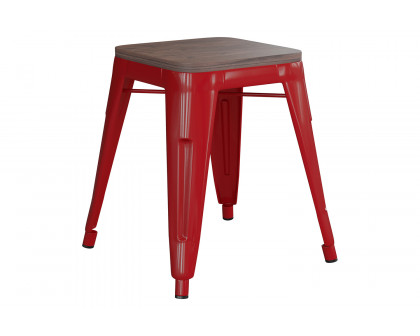 BLNK Kai Commercial Metal Backless Stackable Table Height Dining Stool with Wooden Seat Set of 4 - Red