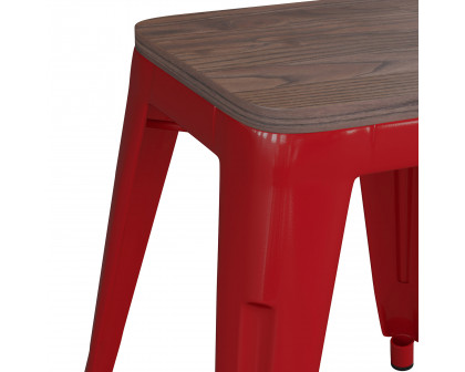 BLNK Kai Commercial Metal Backless Stackable Table Height Dining Stool with Wooden Seat Set of 4 - Red