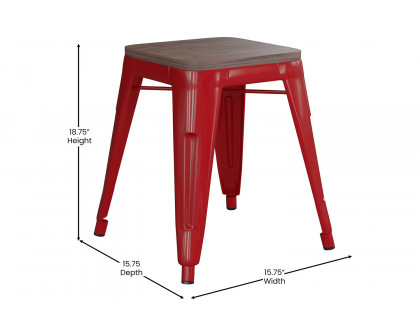 BLNK Kai Commercial Metal Backless Stackable Table Height Dining Stool with Wooden Seat Set of 4 - Red