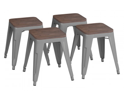 BLNK Kai Commercial Metal Backless Stackable Table Height Dining Stool with Wooden Seat Set of 4 - Silver