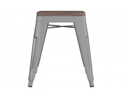 BLNK Kai Commercial Metal Backless Stackable Table Height Dining Stool with Wooden Seat Set of 4 - Silver