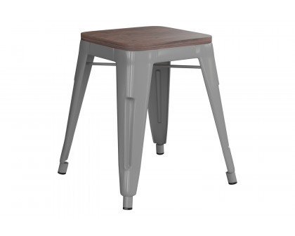 BLNK Kai Commercial Metal Backless Stackable Table Height Dining Stool with Wooden Seat Set of 4 - Silver