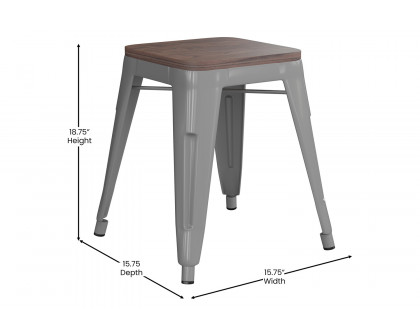 BLNK Kai Commercial Metal Backless Stackable Table Height Dining Stool with Wooden Seat Set of 4 - Silver