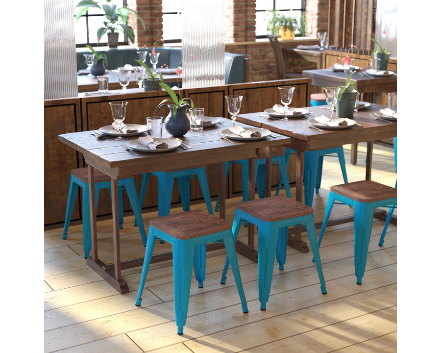 BLNK Kai Commercial Metal Backless Stackable Table Height Dining Stool with Wooden Seat Set of 4 - Teal