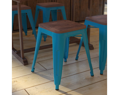 BLNK Kai Commercial Metal Backless Stackable Table Height Dining Stool with Wooden Seat Set of 4 - Teal