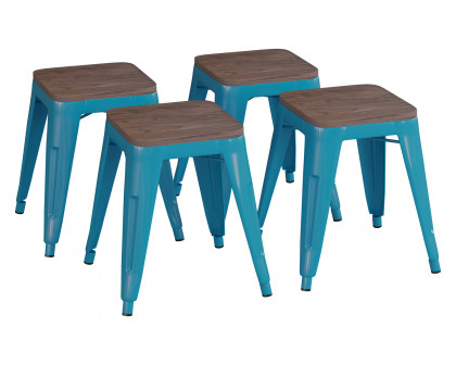 BLNK Kai Commercial Metal Backless Stackable Table Height Dining Stool with Wooden Seat Set of 4 - Teal