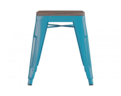 BLNK Kai Commercial Metal Backless Stackable Table Height Dining Stool with Wooden Seat Set of 4 - Teal